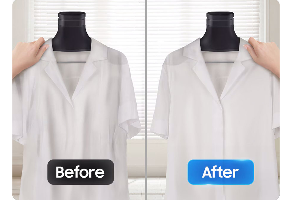 Απεικονίζεται ένα ρούχο τσαλακωμένο και δίπλα ένα χωρίς τσακίσεις, αποτέλεσμα της χρήσης της λειτουργίας του Wrinkle Prevent